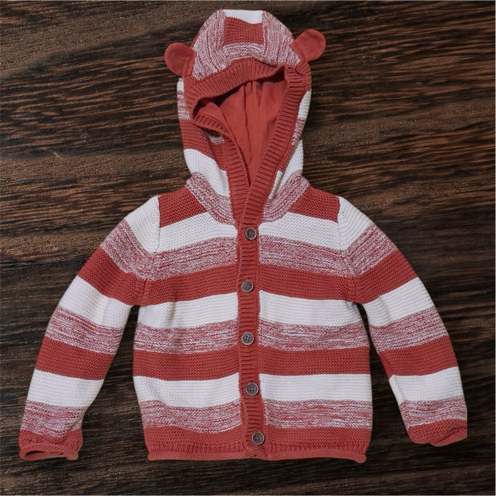 Striped orange brown and White Button-Up Hoodie 12-24 months